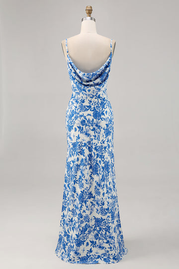 Blue Flower Cowl Neck Mermaid Long Wedding Guest Dress